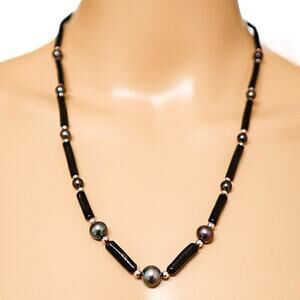 Handmade Artisan Organic Bohemian Black Coral Pearls Sterling Necklace 22”